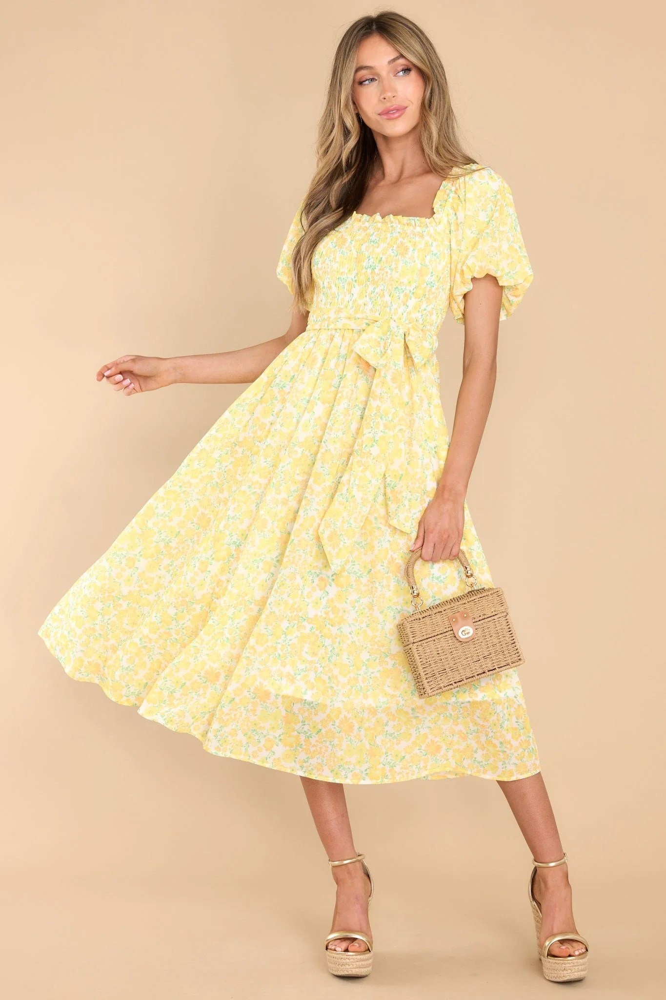 Grow Freely Yellow Floral Print Midi Dress | Red Dress 