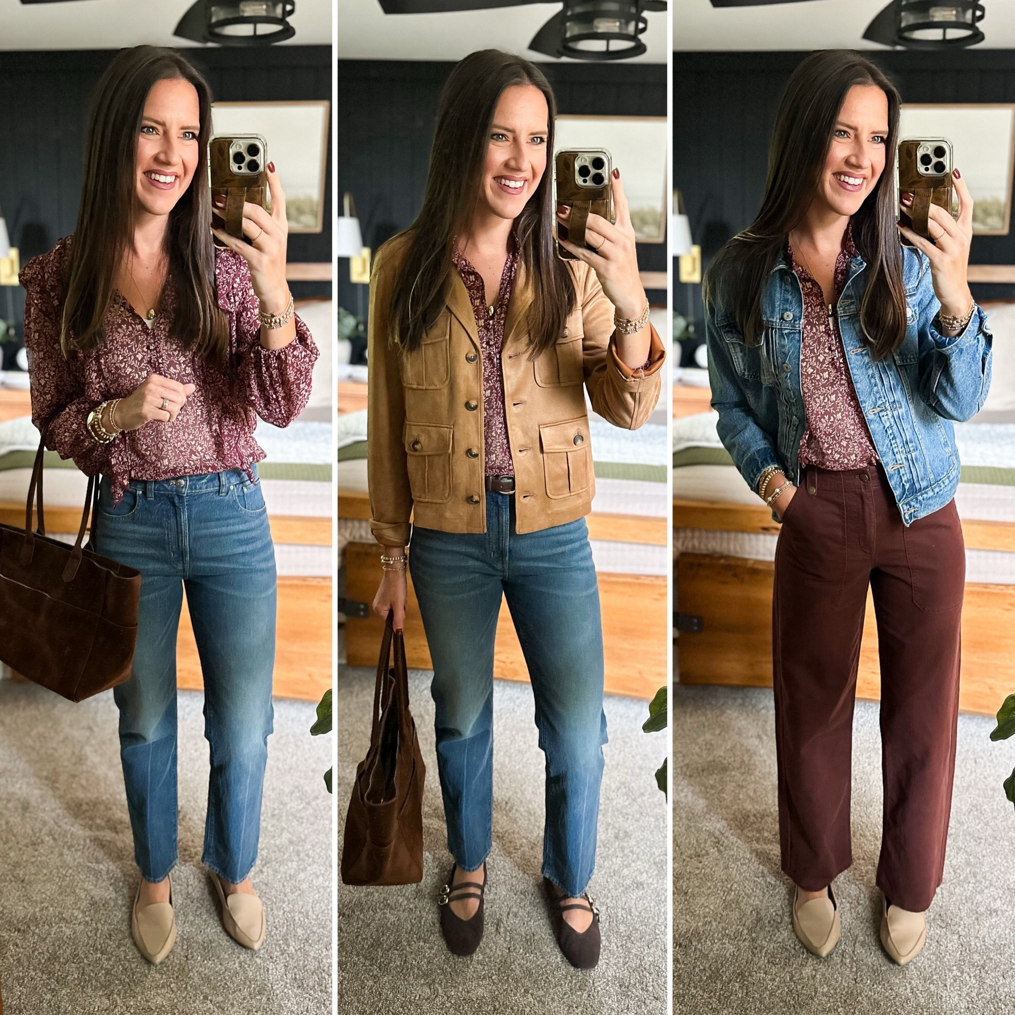 Fall Capsule Wardrobe - Burgundy Floral Blouse (wearing a small) 