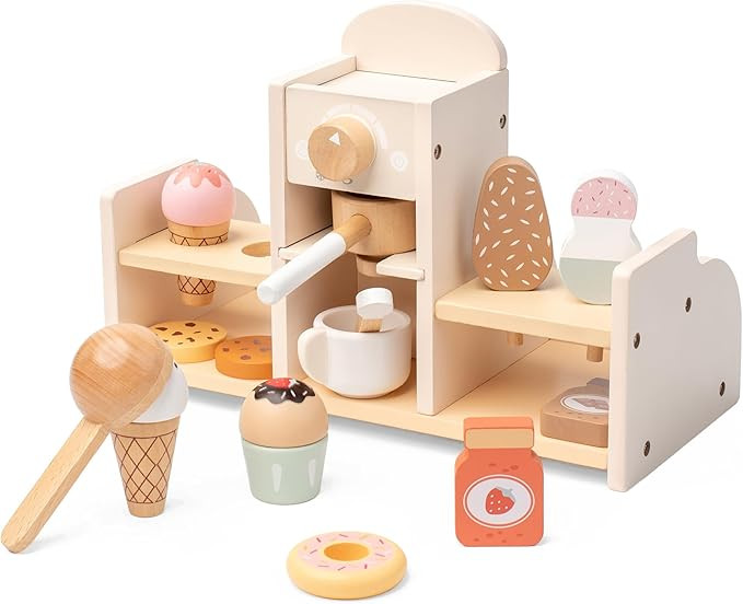 Wooden Ice Cream and Coffee Play Set for Kids, Pretend Play Toy Ice Cream Shop & Coffee Maker, Mo... | Amazon (US)