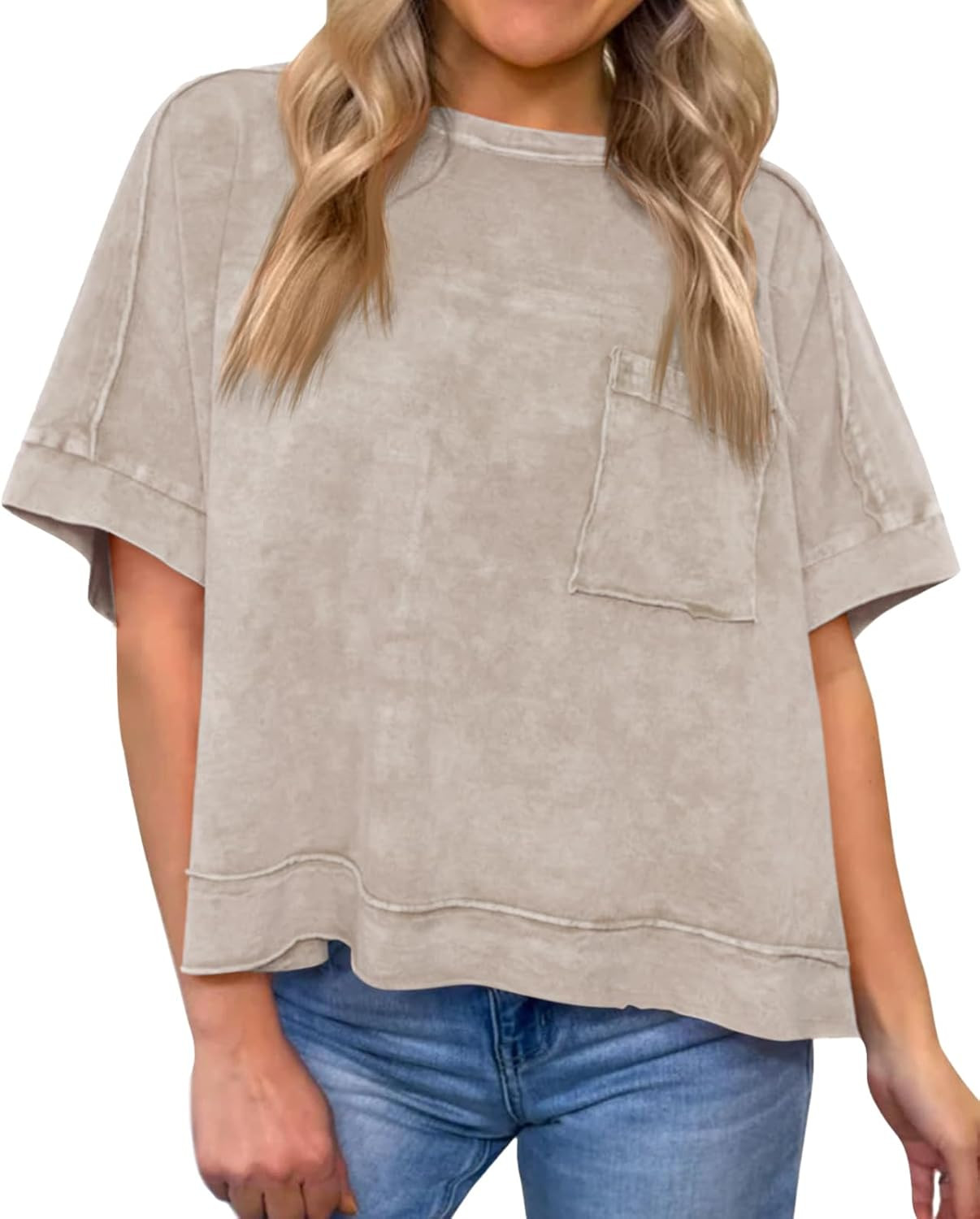 Cicy Bell Womens Cropped T Shirts Boxy Crew Neck Acid Wash Loose Tee Tops | Amazon (US)