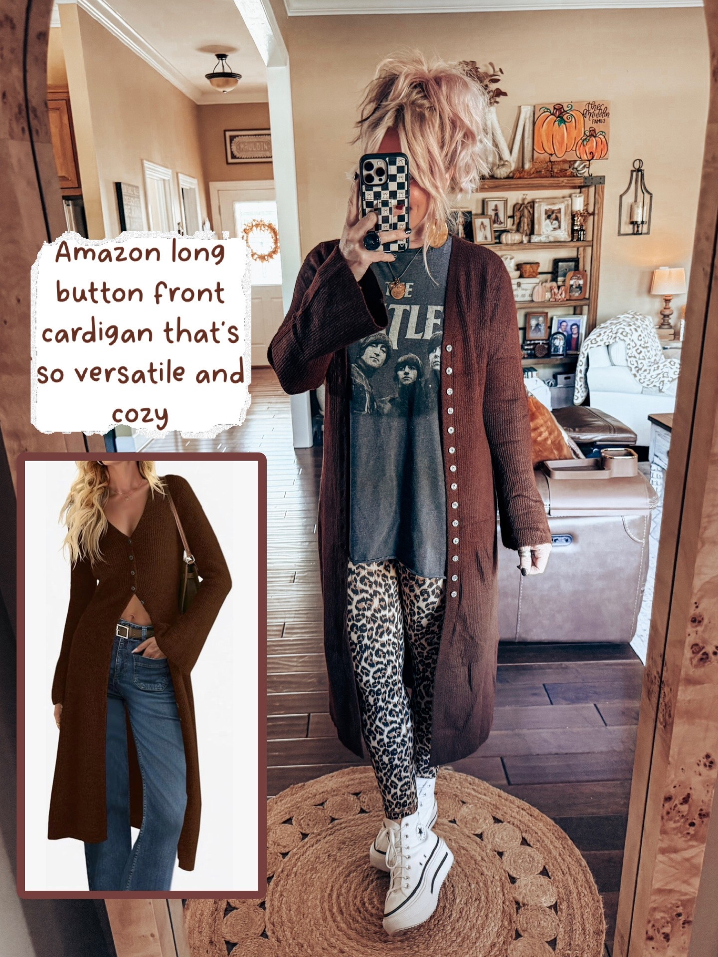 I love this long button front cardigan. So cute to layer over tees like I did here. Love this brown and it does come in more colors.

#LTKOver40