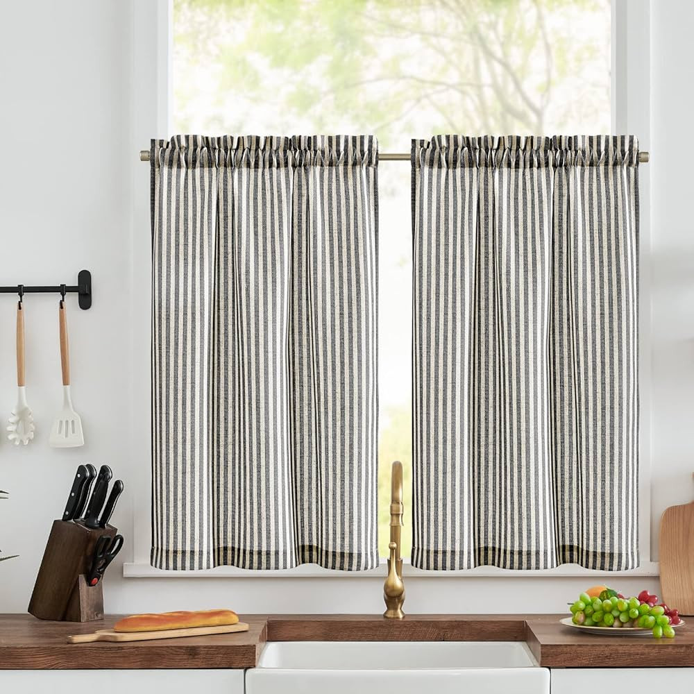 jinchan Linen Kitchen Curtains 24 Inch Length Striped Tier Curtains Ticking Stripe Small Drapes f... | Amazon (US)