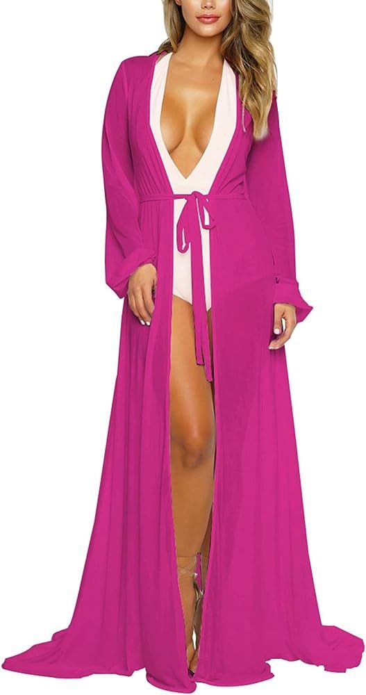 Pink Queen Women's Long Sleeve Flowy Maxi Bathing Suit Swimsuit Tie Front Robe Cover Up | Amazon (US)