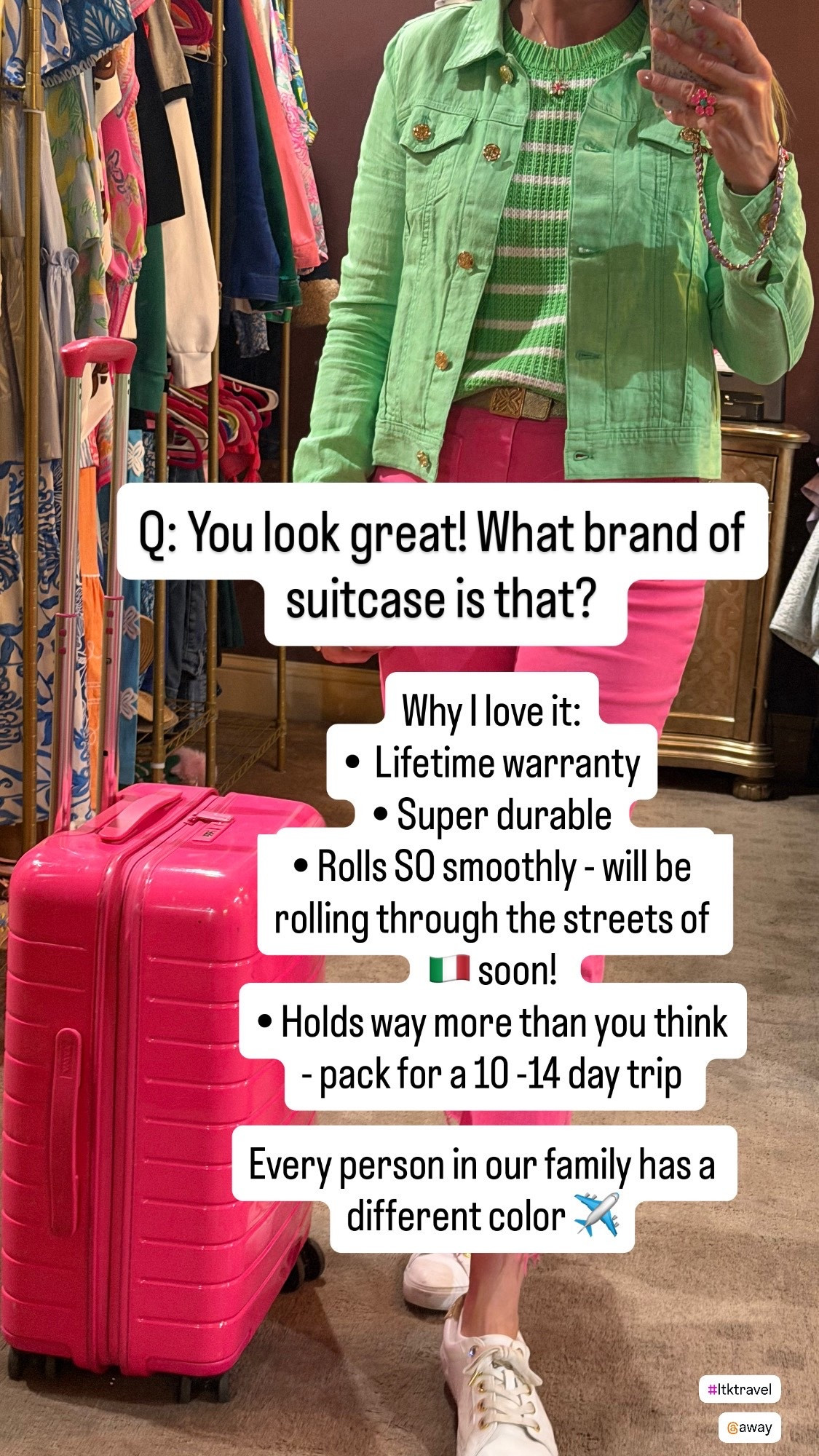 Carry-on Luggage 
Been getting so many questions about this suitcase ✈️

It’s the Away Bigger Carry-On and we are obsessed—every single member of our family has one

We’ve used them for years for both domestic and international travel, and they’ve held up so well

✔️ Lifetime warranty
✔️ Rolls like a dream
✔️ Fits way more than you think (I can pack for 10 -14 days 😳 and yes I am an overpacker! )

This one is coming with me to 🇮🇹 soon! 

This style is available in 14 colors! 

Linked several of my travel essentials below 👇


#travelessentials 
#awaytravel
#carryonluggage #travelfinds #travelstyle
#packingtips #europetravel #airportstyle #travelmusthaves
#ltktravel #ltkfinds #momtravel #familytravel
#vacationready

carry on luggage
travel essentials
best suitcase
travel must haves
Europe travel
packing tips
no checked bags 
vacation ready 


#LTKTravel #LTKSaleAlert #LTKU