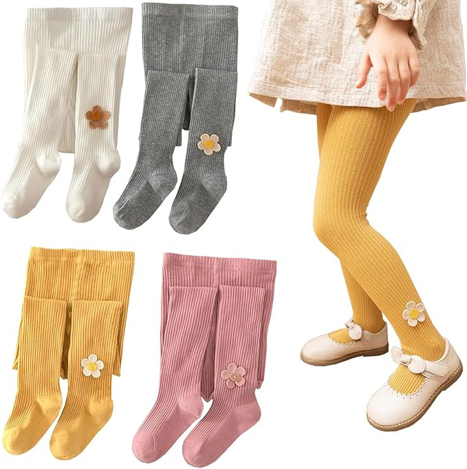 Tights for Girls, (2 Pack) Stockings for Girl, Knit Cotton Toddler Pantyhose Grey/White/Pink/Ging... | Amazon (US)