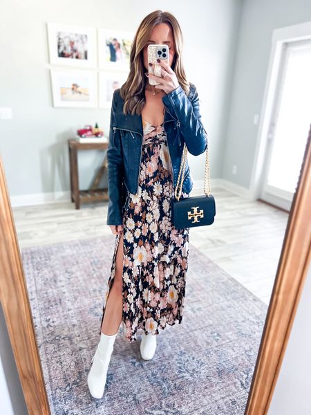 Fall outfit. Cyber Monday deals with code CYBERAF! Floral maxi dress in XS petite (bust runs small so I sized up). Favorite moto jacket in XS. Target cream boots are TTS. Tory Burch Eleanor bag. Date night outfit. Holiday outfit. 

#LTKitbag #LTKshoecrush #LTKHoliday