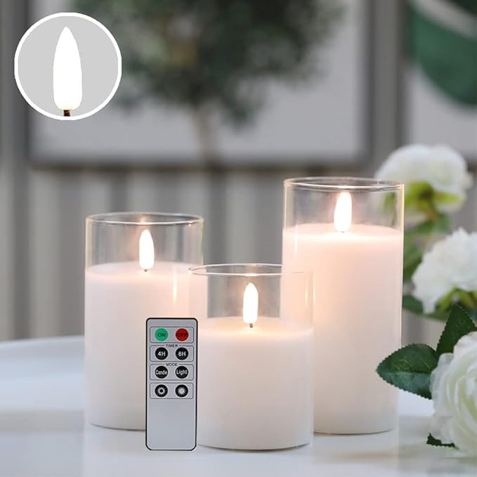 JHY DESIGN Set of 3 Glass Wax Flameless Candles 3D Effect LED Candles White Wax Flickering Batter... | Amazon (US)