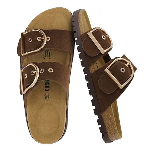 CUSHIONAIRE Brook Women’s Suede Double-Buckle Cork Footbed Slide Sandals with Memory Foam Comfort, BROWN 8W | Amazon (US)