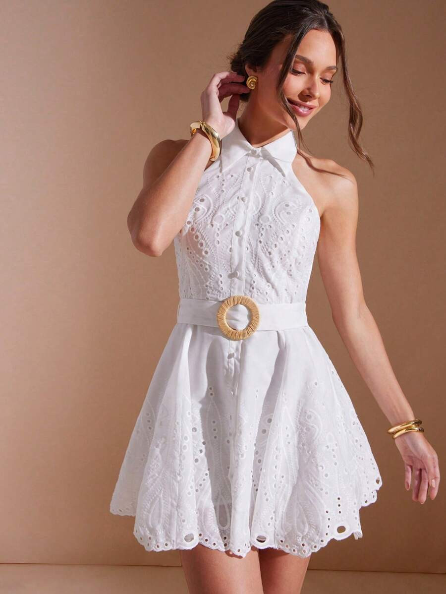 LocalL'Amorae Elegant Summer Embroidered Scallop White Eyelet Collar Button Down Belted Mini Sund... | SHEIN