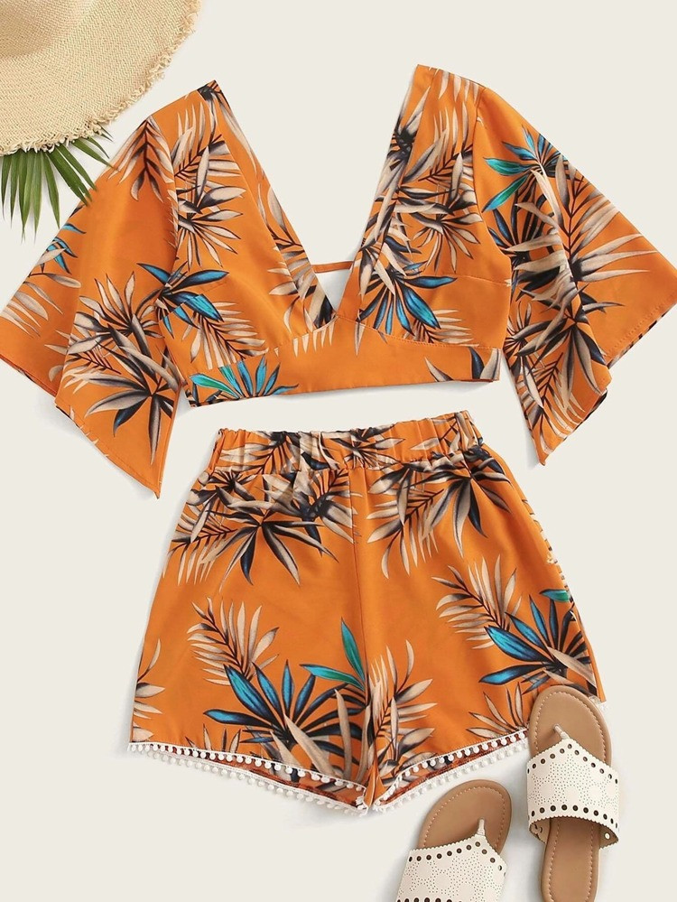 Plus Tie Back Tropical Print Top & Shorts | SHEIN