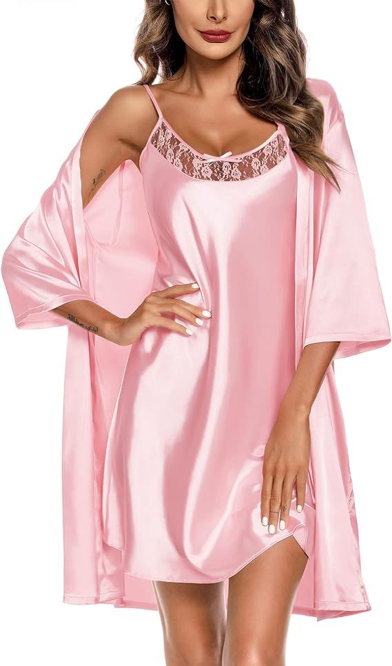 SWOMOG Womens Satin Robes Set Silk Pajamas Sets 2 Piece Lace Cami Nightgown with Robes Sleepwear ... | Amazon (US)