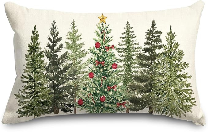 Christmas Rectangle Pillow Cover Watercolor Xmas Pine Tree Throw Pillow Case 12 x 20 Inch Cushion... | Amazon (US)