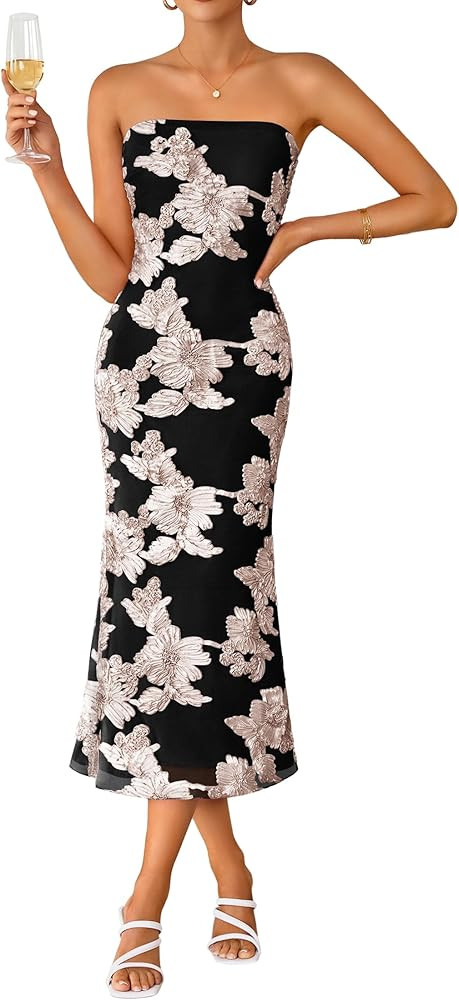 ZESICA Women's Summer Strapless Floral Midi Dress 2026 Bodycon Mesh Tube Wedding Guest Cocktail P... | Amazon (US)