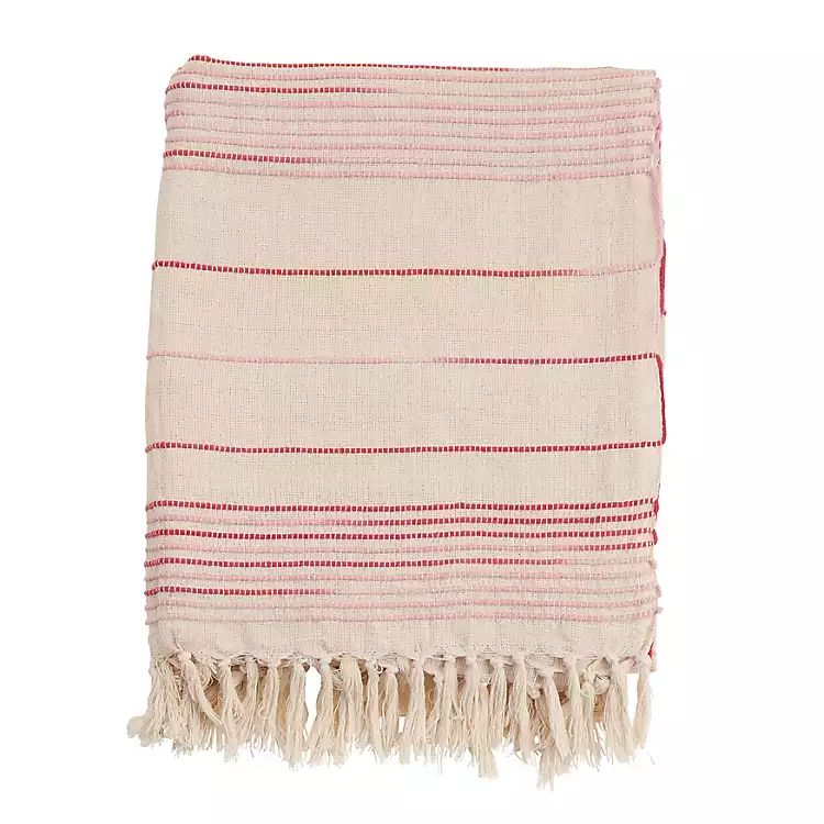 White Pink Striped Fringe Throw Blanket | Kirkland's Home