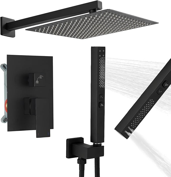 Matte Black Rainfall Shower System Fixture 12 Inch High Pressure Square Shower Head with 2 in 1 H... | Amazon (US)