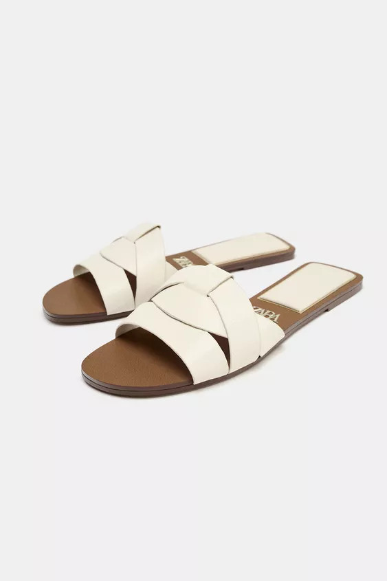 FLAT CRISS-CROSS LEATHER SLIDER SANDALS | Zara UK