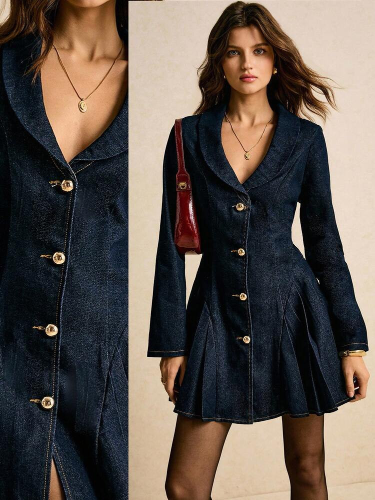 Poéselle Women's Denim Mid-Length Blazer Jacket Women Denim Dresses Long Sleeve Denim Dress Women Denim Dresses Denim Dress For Women Women Denim Dresses Blazer Dresses For Women Women Overalls Women Overalls Halloween Women Costumes | SHEIN