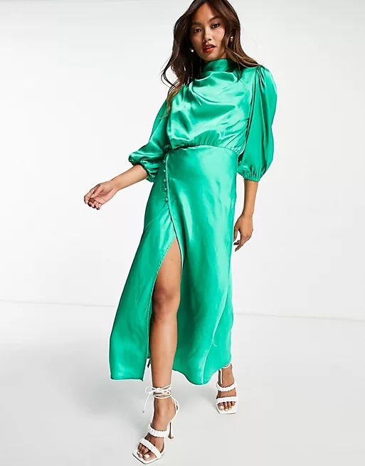 ASOS DESIGN pleat cowl neck satin midi tea dress with puff sleeve in emerald green | ASOS (Global)