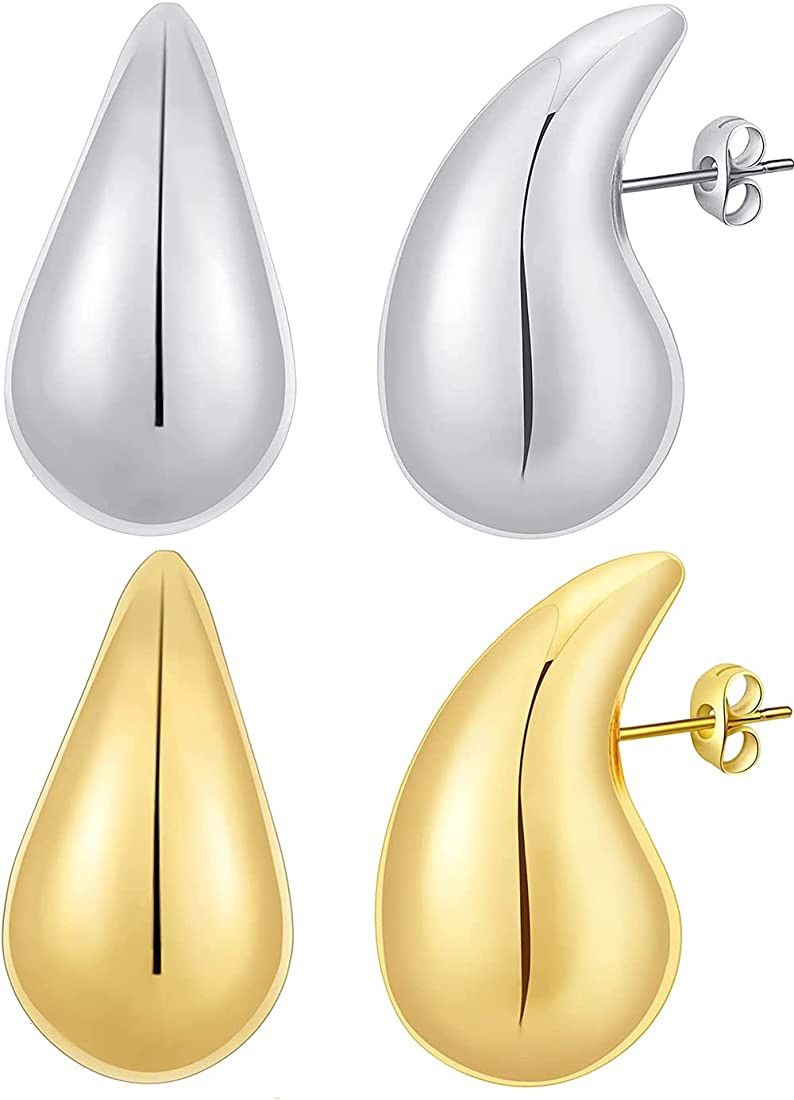 2 Pair Bottega Teardrop Earrings Dupes for Women Gold/Silver Chunky Hoop Earring Dangle Water Dro... | Amazon (US)