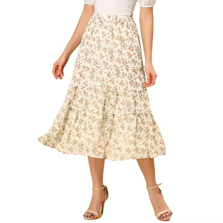 Allegra K Women's Floral Print Elastic Waist Ruffle Maxi Tiered Skirt | Target