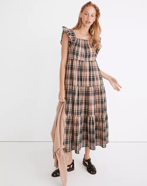 Flutter-Sleeve Tiered Midi Dress in Plaid | Madewell