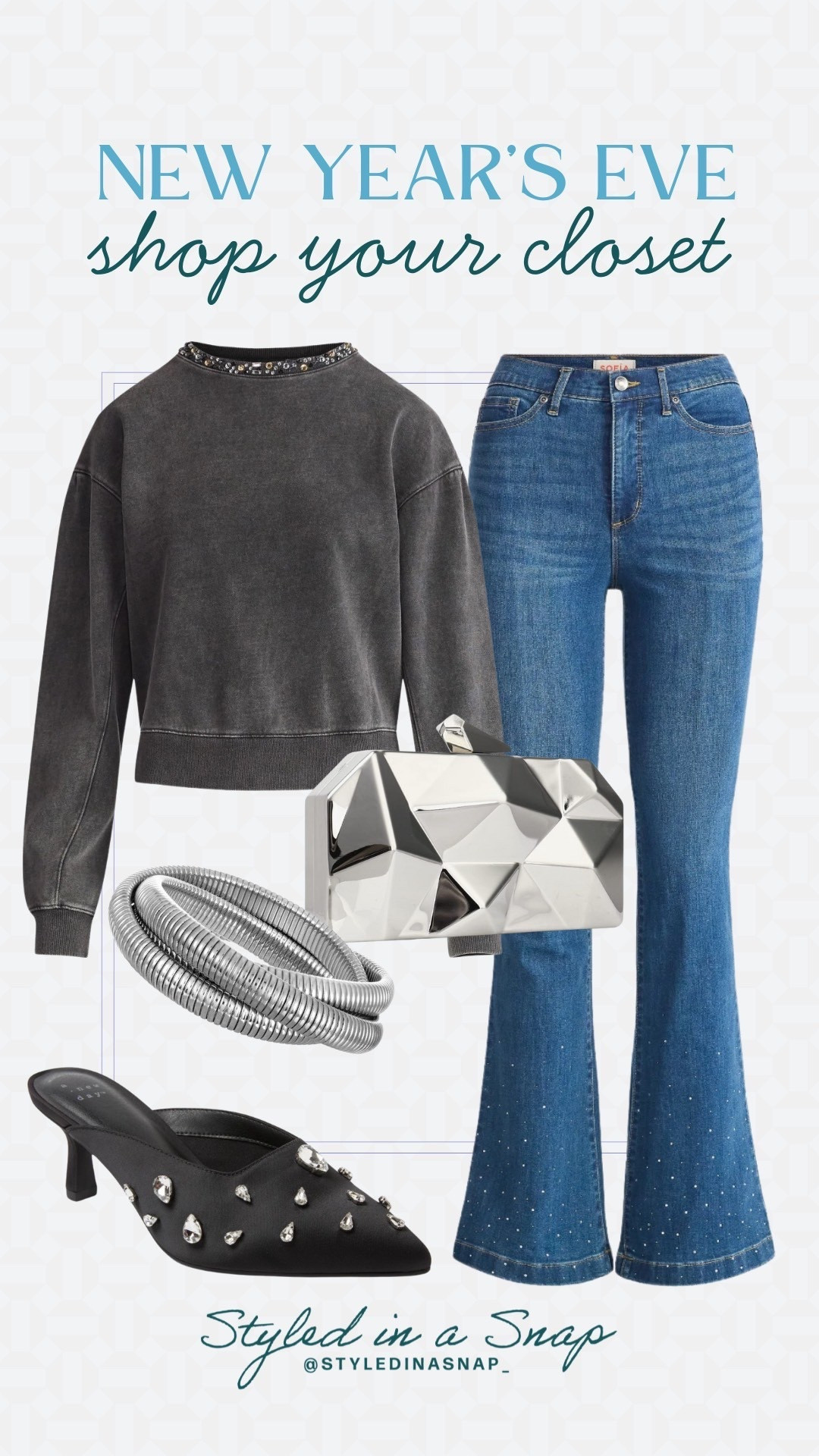 With New Year’s Eve being tomorrow, I wanted to shop my closet for an easy and festive NYE outfit. This top from Walmart is so cute, comfy and can be dressed up and these viral jeans have the perfect amount of sparkle with the rhinestones. Paired it with some adorable and on trend black mules and silver accessories. 
New Year’s Eve outfit inspo, affordable NYE outfit 

#LTKOver40 #LTKFindsUnder50 #LTKSeasonal