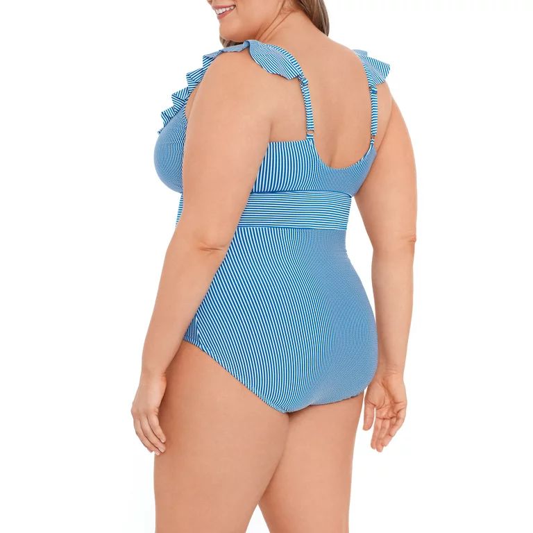 Time and Tru Women’s Blue Earth Seersucker Stripe One Piece Swimsuit - Walmart.com | Walmart (US)