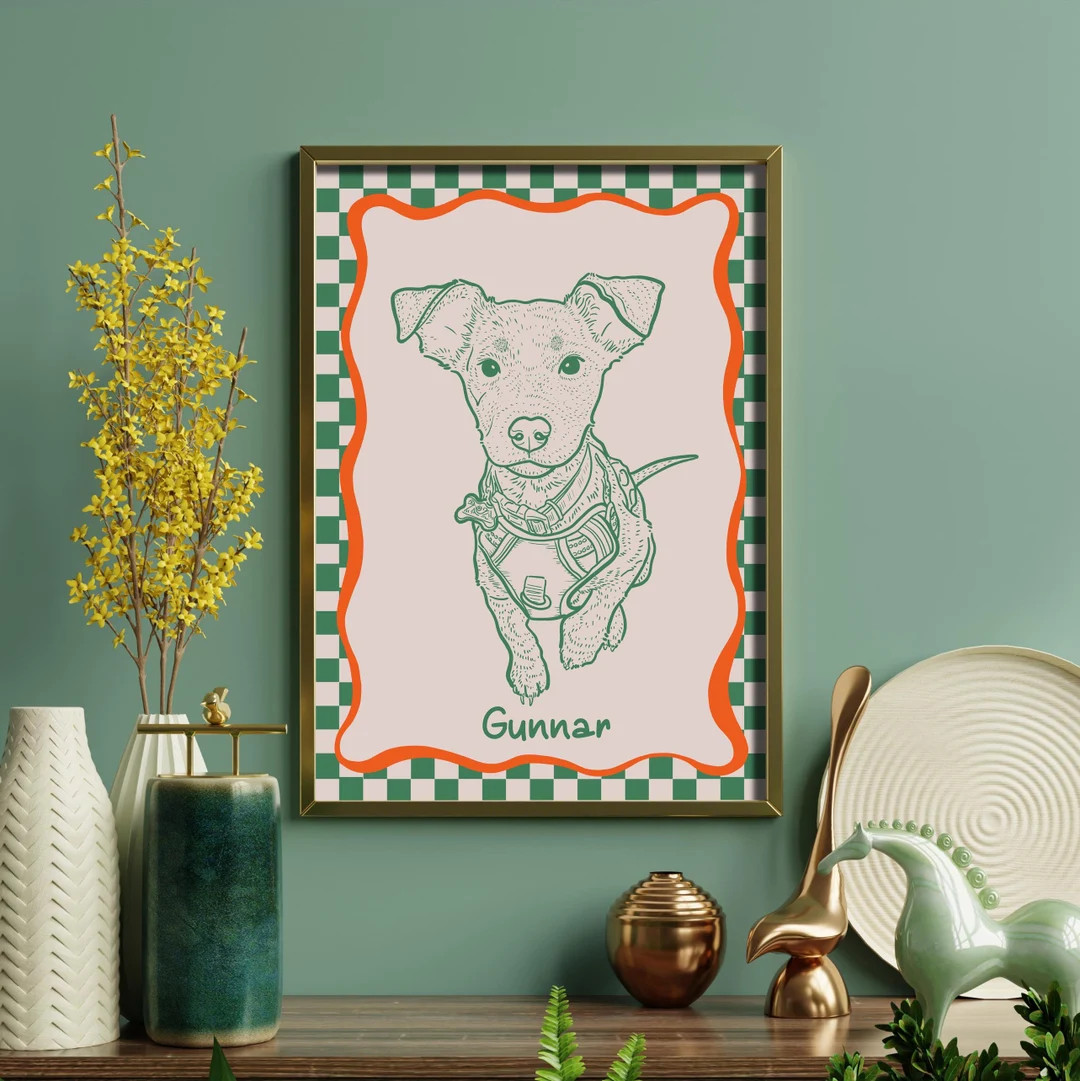 Custom Dog Portrait, Retro Pet Print, Personalized Drawing, Checkered Wall Art, Funky Animal Post... | Etsy (US)