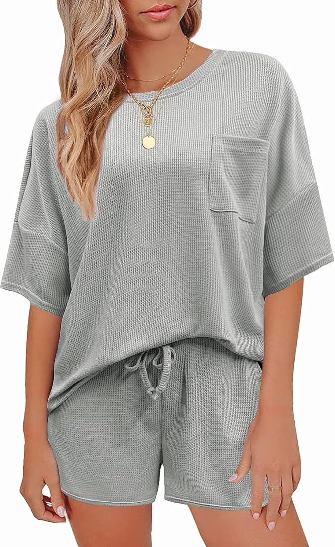 Andeip Pajamas Womens Waffle Knit Lounge Set Short Sleeve Top and Shorts 2 Piece Loungewear Outfits  | Amazon (US)