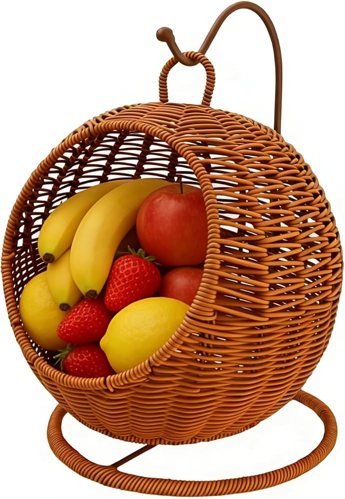Countertop Fruit Vegetables Basket Bowl Storage, Handwoven Round Rattan Swing Hanging Fruit Baske... | Amazon (US)