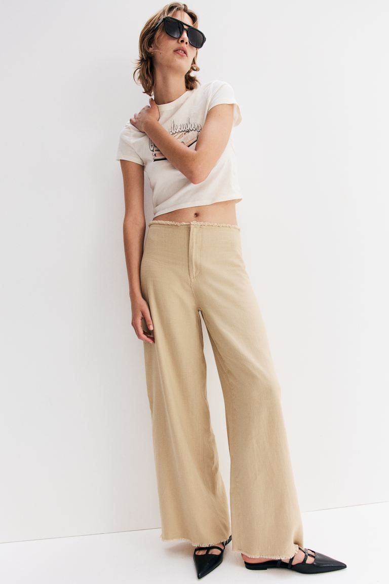 Frayed-edge Linen-blend Pants - Regular waist - Long - Beige - Ladies | H&M US | H&M (US + CA)