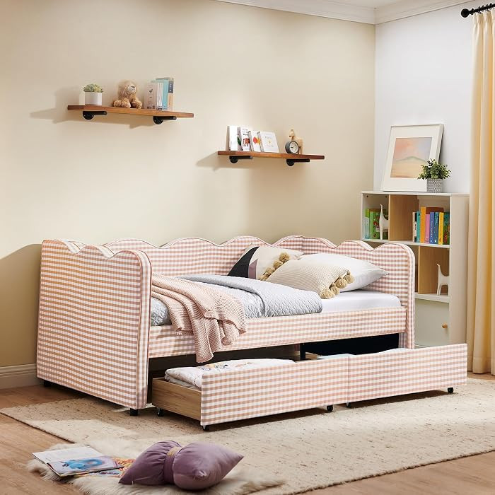 DEINPPA Twin Size Upholstered Daybed with 2 Storage Drawers, Gingham Daybed with USB Ports for Be... | Amazon (US)