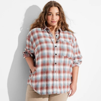 Women's Long Sleeve Oversized Flannel Button-Down Shirt - Wild Fable™ Light Brown Plaid 4X | Target