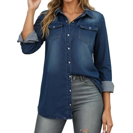 Fiaer.Long Sleeve Oversized Button down Denim Long Shirts for Women.Womens Casual V Neck Jean Tunic Blouses.Women s Loose Fit Trendy Roll Sleeve Lapel Collared Tops with 2 Pockets Blue L | Walmart (US)