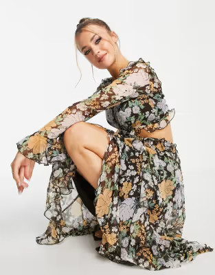 ASOS DESIGN plunge front ruffle printed floral midi dress with lattice tie back detail | ASOS (Global)