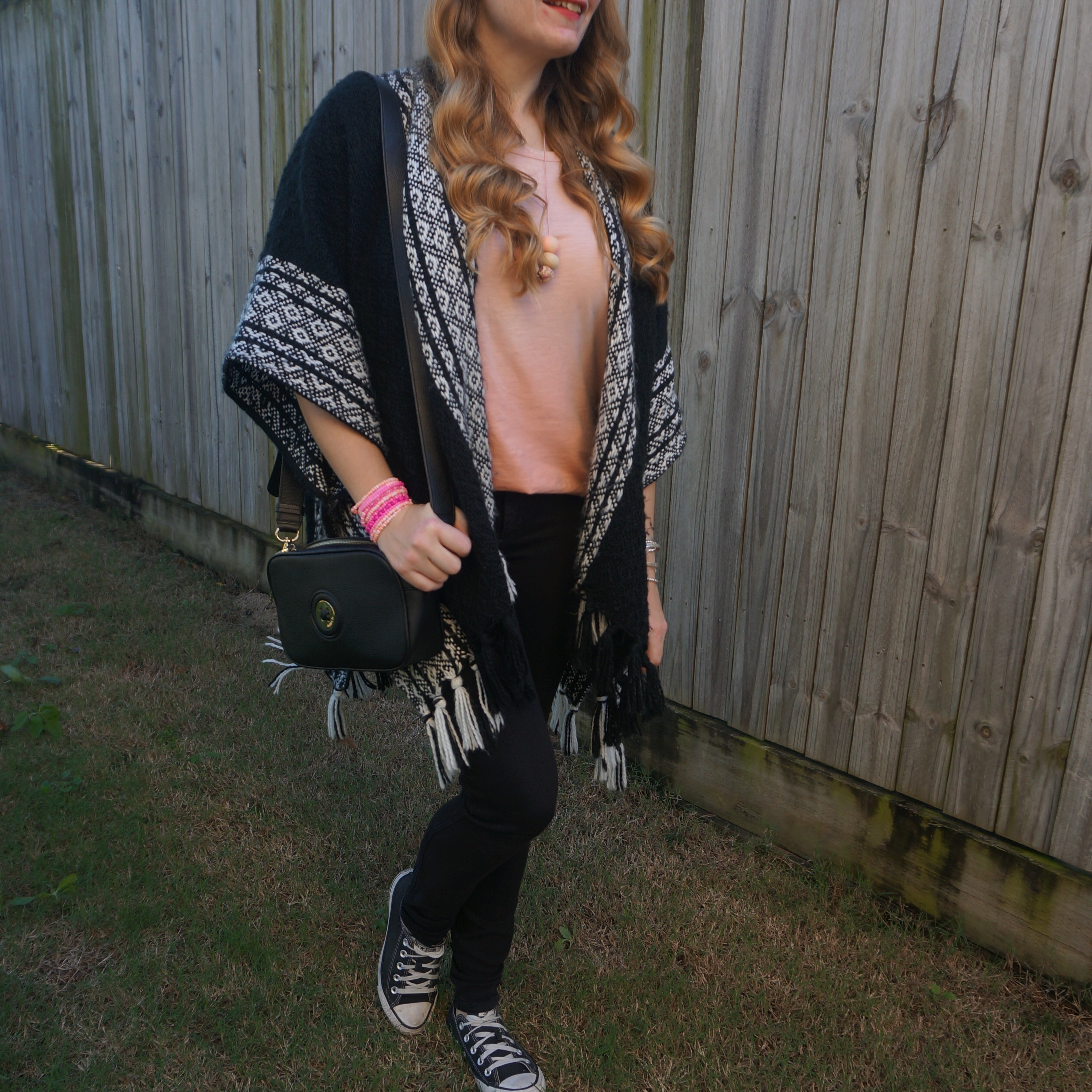 Cosy Rebecca Minkoff knit ruana poncho with ombre pink tee, black coated denim skinny jeans, Converse and Mimco Mim-mazing crossbody bag 💕 

#LTKaustralia #LTKwinter #LTKbag