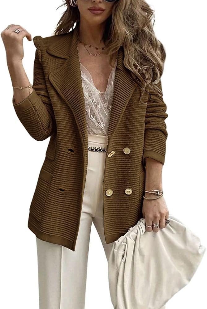 chouyatou Women's Casual Notched Lapel Double Breasted Large Pocket Ribbed Blazer Jacket | Amazon (US)
