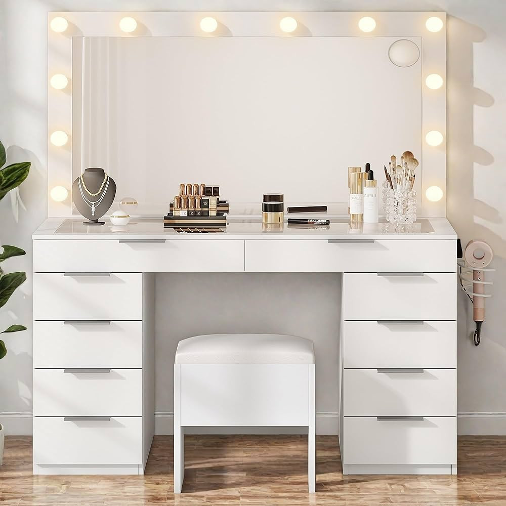 YITAHOME Makeup Vanity Desk with Large Mirror, 10-Drawer Vanity Set with Glass Tabletop & Chargin... | Amazon (US)