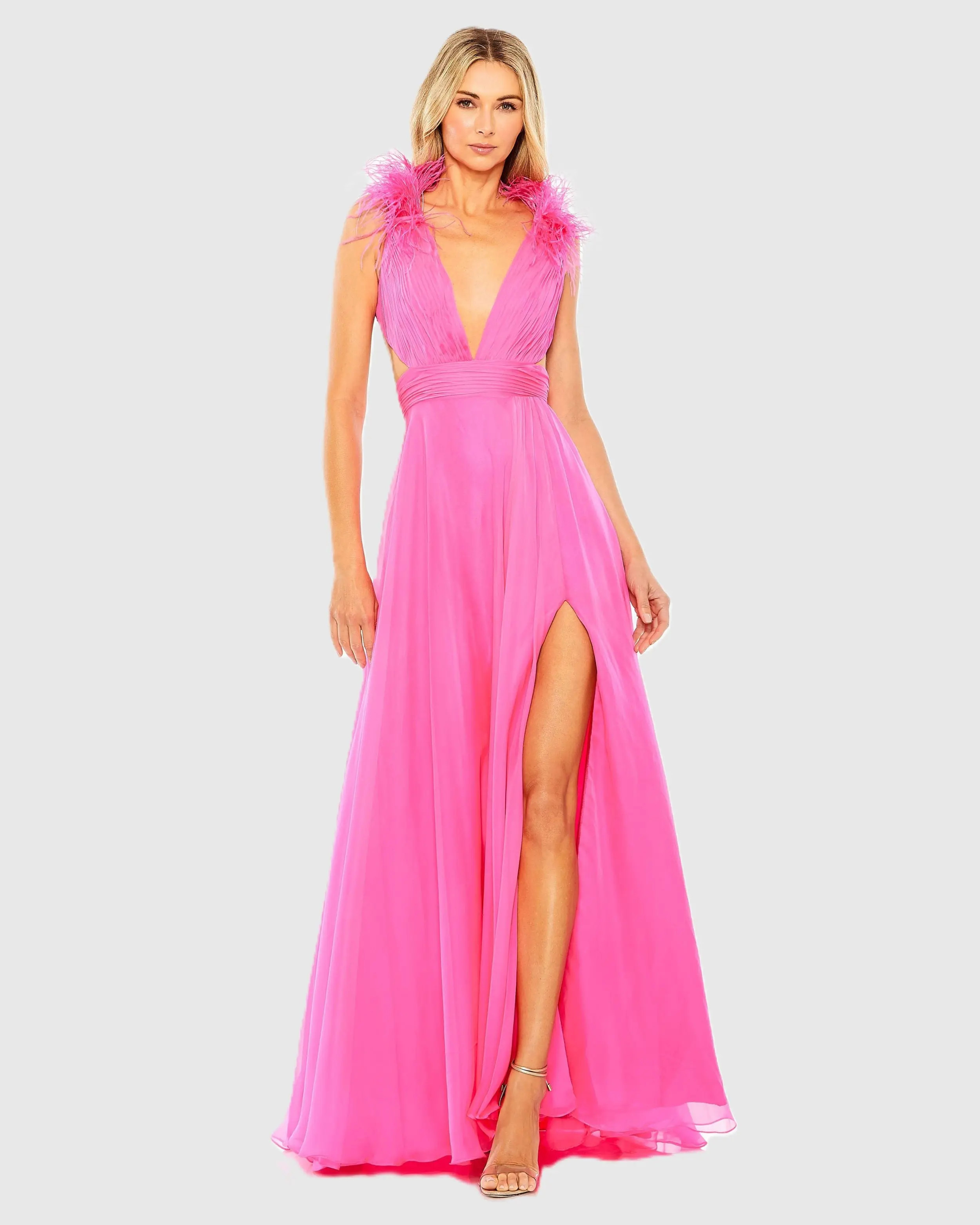 Mac Duggal - Pink A-Line V Neck Feathered Collar Gown - Hot Pink / US 8 | Mac Duggal