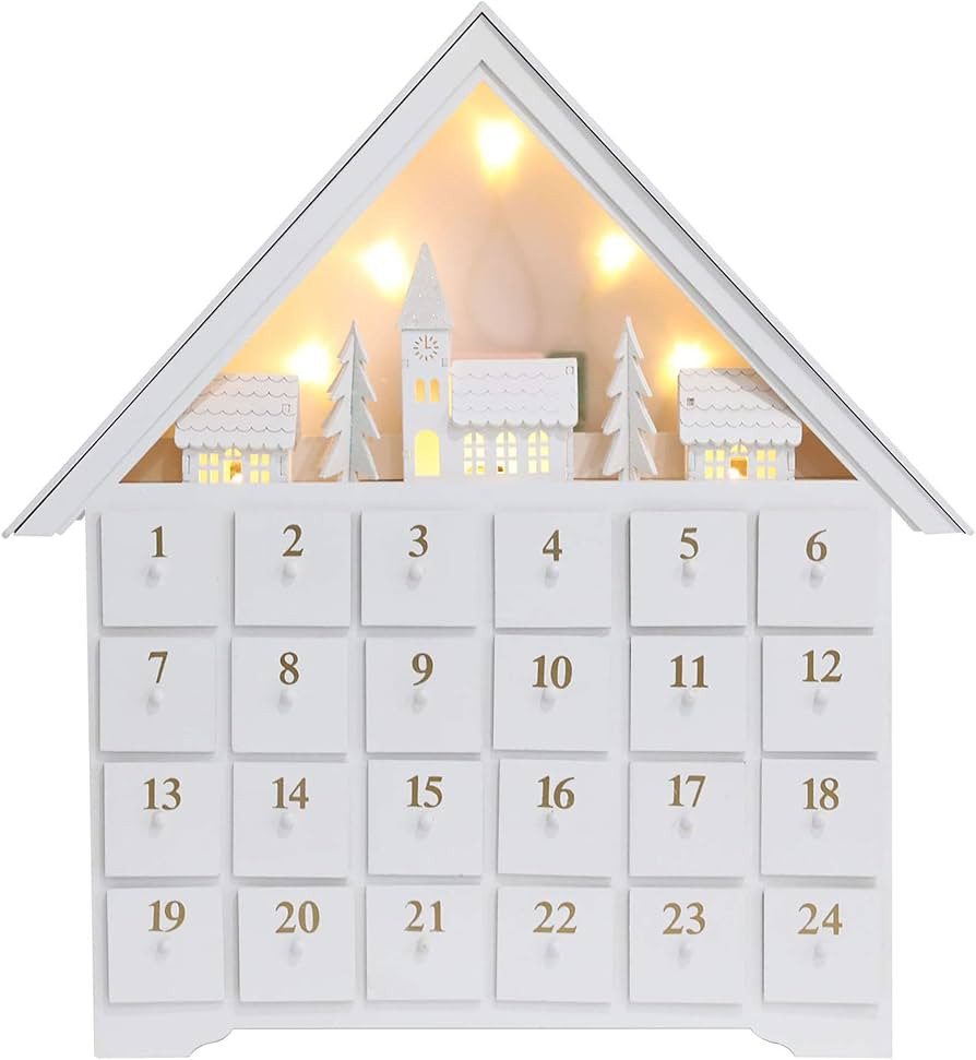 White Christmas Wooden Advent Calendar House with Large Drawers LED lighting for Adults Kids Chri... | Amazon (US)