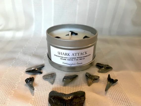 SHARK ATTACK Unscented Hand Poured Soy Candle with 5 Embedded Shark Teeth, 8 oz. Tin Coated Steel... | Etsy (US)