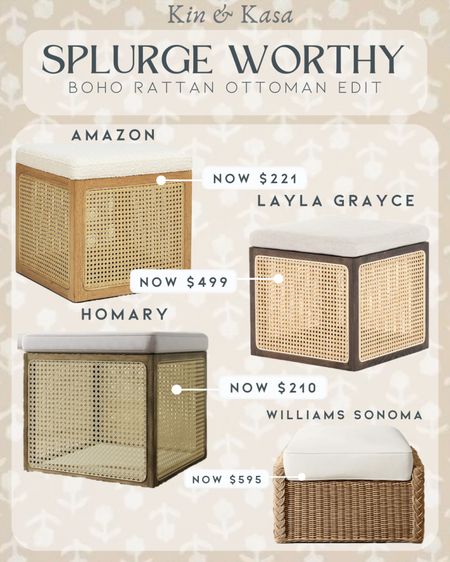  Check out these splurge worthy ottomans! They’re definitely the perfect blend of modern and texture. A perfect addition for the living room, bedroom, or staple for just about any room in the house ! 
Click to shop 🫶🏾

Layla Grayce Ainsley Ottoman | Amazon Jennifer Taylor Home Nina 18" Cane Webbing Cube Ottoman | Williams Sonoma AERIN East Hampton Outdoor Coffee Table Ottoman | Homary 18.1'' Boho Rattan Storage Ottoman Square Foot Stool In Khaki & Natural

#amazonhome #homedecor #homefurniture #livingroomfurniture #cubeottoman #falldecor

#LTKstyletip #LTKsalealert #LTKhome