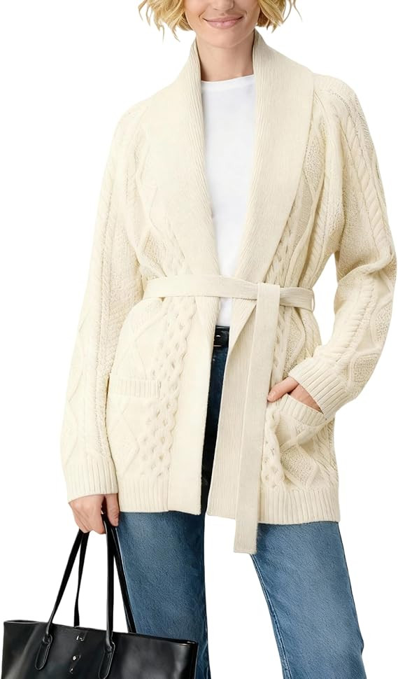 Majdan Womens Cable Knit Open Front Cardigan Casual Long Sleeve Wrap Sweater with Removable Belt | Amazon (US)
