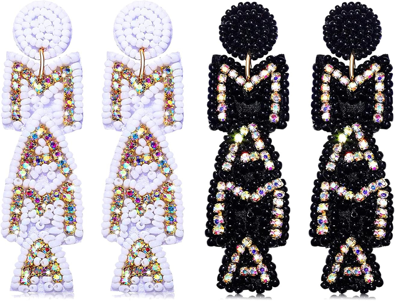 2 Pairs Mama Earrings for Women Handmade Beaded MAMA Dangle Earrings Rhinestone Mother’s Day Ea... | Amazon (US)