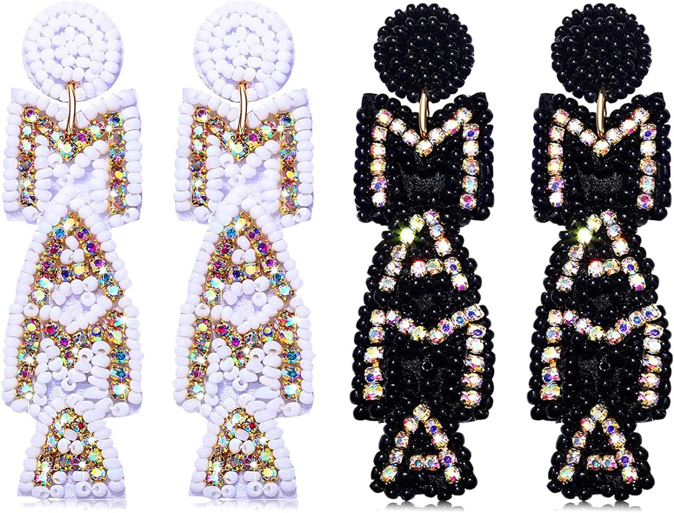 2 Pairs Mama Earrings for Women Handmade Beaded MAMA Dangle Earrings Rhinestone Mother’s Day Ea... | Amazon (US)