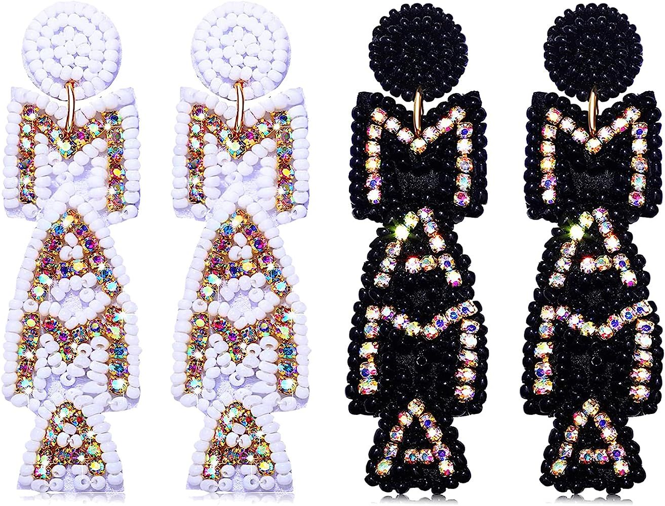 2 Pairs Mama Earrings for Women Handmade Beaded MAMA Dangle Earrings Rhinestone Mother’s Day Ea... | Amazon (US)