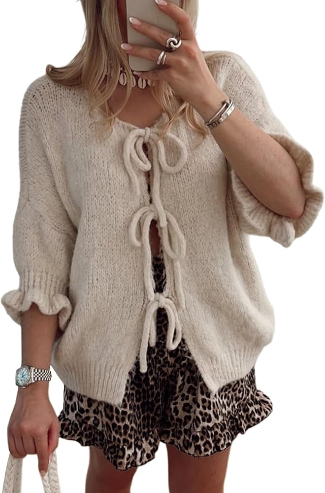 Women's 3/4 Sleeve Tie Front Cardigan Sweaters Lightweight Crew Neck Loose Bow Knit Sweater Tops | Amazon (US)