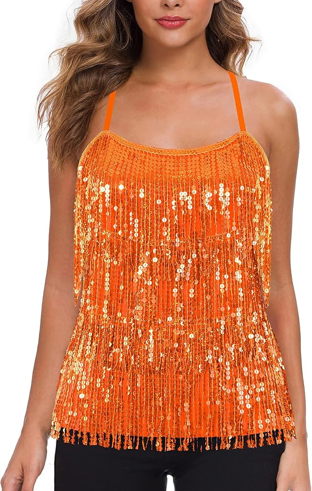 MANER Women’s Sequin Fringe Top Sparkly Party Tank Top Tassel Trim Cami | Amazon (US)