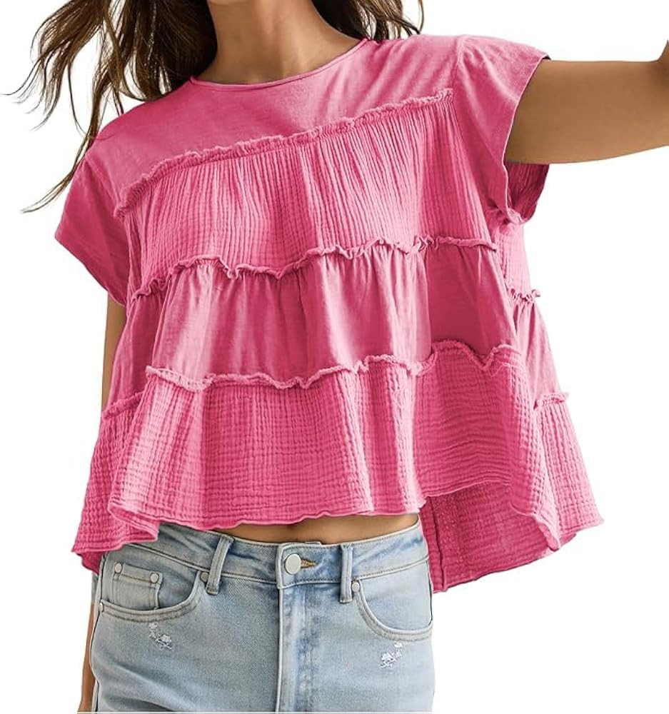 Peplum Tops for Women Crew-Neck Ruffled Bobydoll Tunic Tank Shirts Casual Loose Fit Summer Outfit... | Amazon (US)