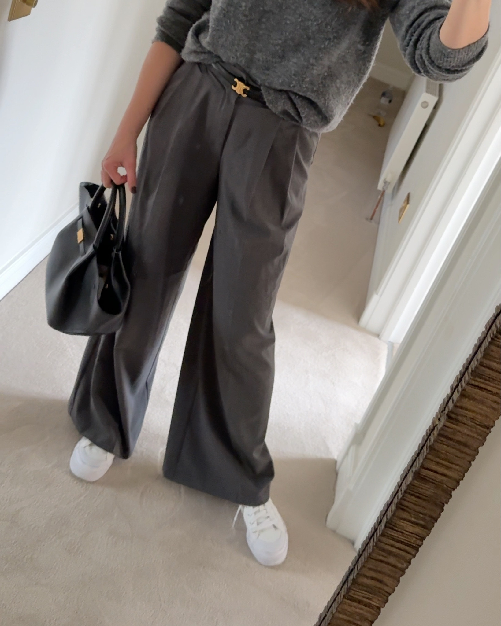 All grey smart casual Sunday lunch outfit 🩶 

A cashmere Uniqlo crew neck , Zara wide leg trousers / pants , Celine Triomphe Belt , Demellier London New York Midi Bag & Addidas Nizza Platform sneakers and Joseph Sheepskin Coat create this look that can easily be worn to the office as workwear too .

#LTKluxury #LTKFashionMonth #LTKuk